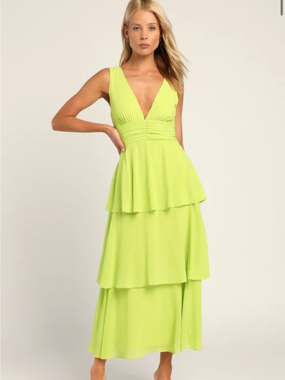 Lulu's Lime Tiered V-Neck Maxi Dress